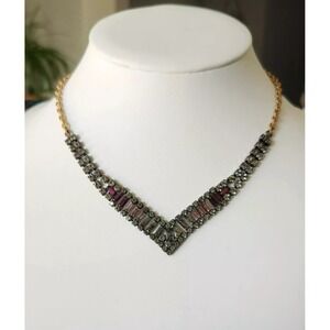 ELIZABETH COLE Multicolored Crystal Baguettes‎ Gold Plated Chain Necklace Choker